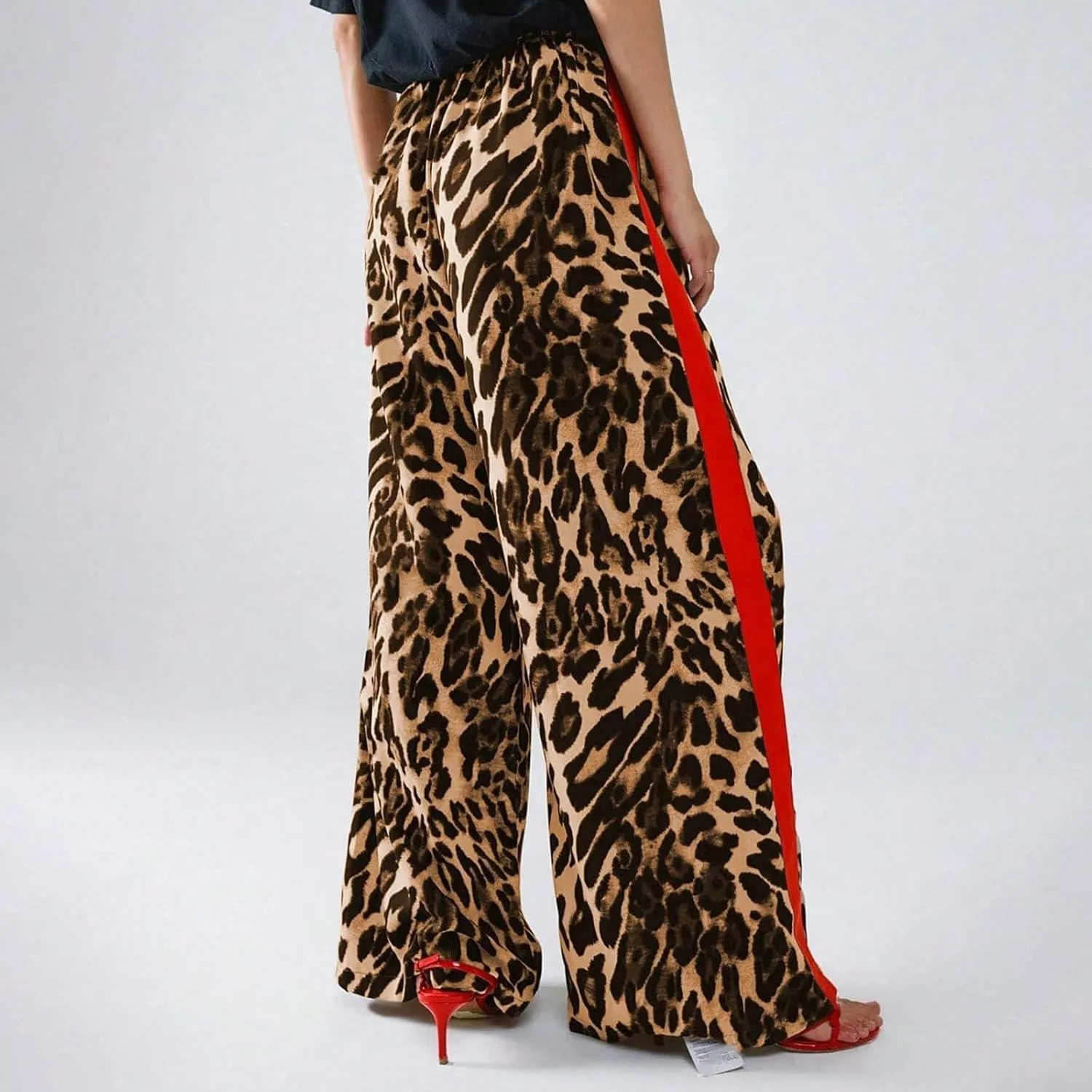 Cheetah Pants Women Side Striped High Waisted Wide Leg Lounge Pants Streetwear Drawstring Leopard Print Pants