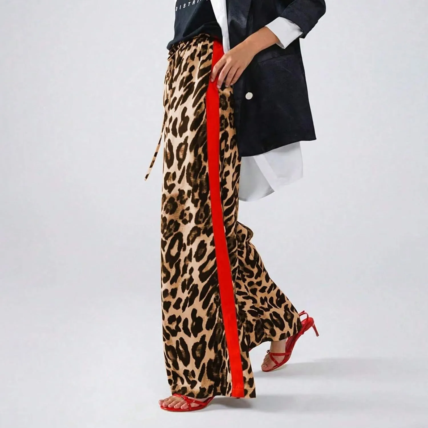 Cheetah Pants Women Side Striped High Waisted Wide Leg Lounge Pants Streetwear Drawstring Leopard Print Pants