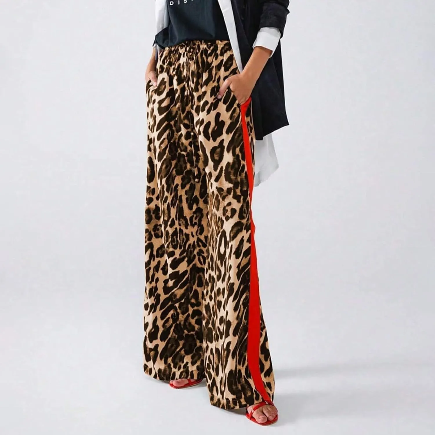 Cheetah Pants Women Side Striped High Waisted Wide Leg Lounge Pants Streetwear Drawstring Leopard Print Pants
