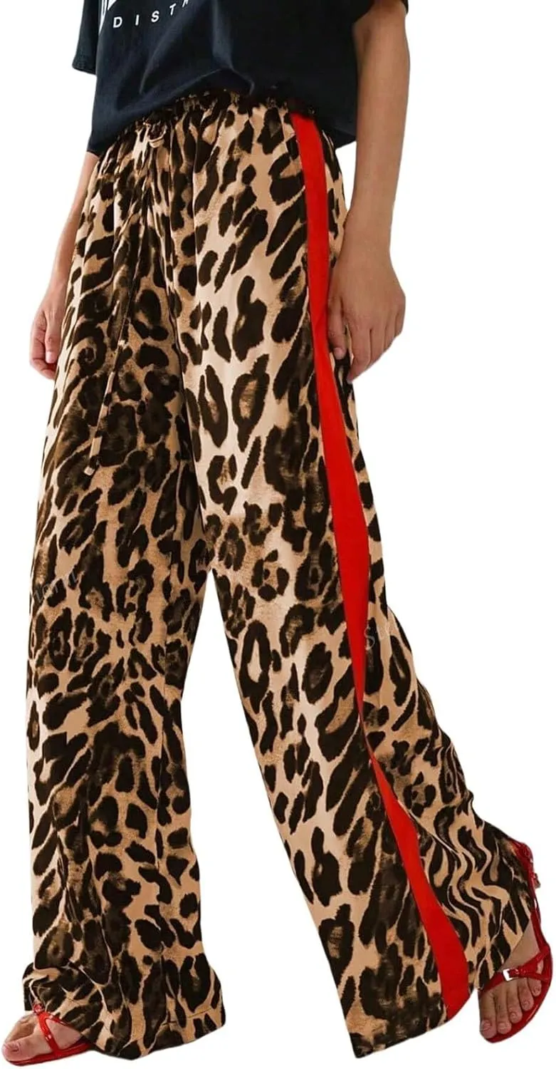Cheetah Pants Women Side Striped High Waisted Wide Leg Lounge Pants Streetwear Drawstring Leopard Print Pants