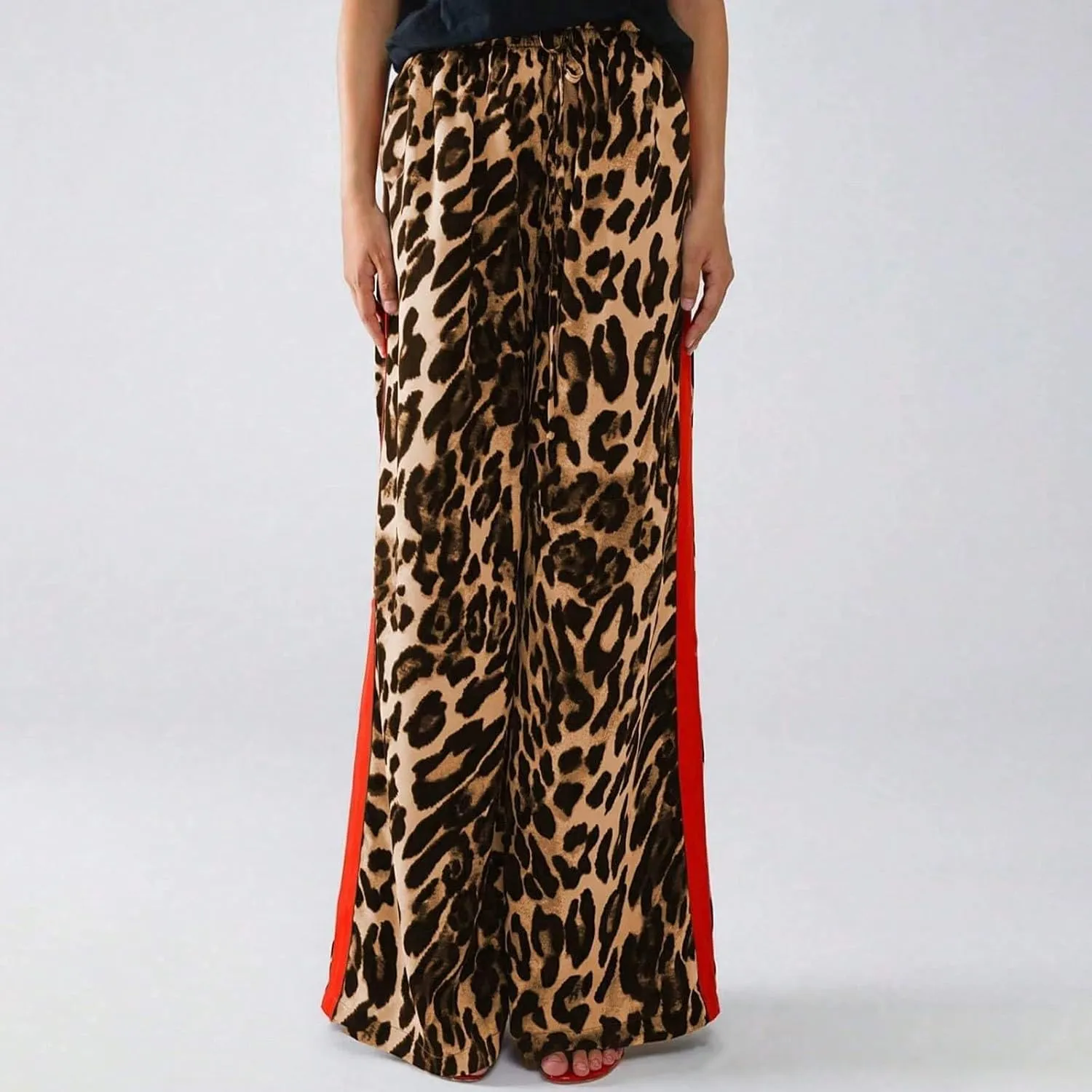 Cheetah Pants Women Side Striped High Waisted Wide Leg Lounge Pants Streetwear Drawstring Leopard Print Pants