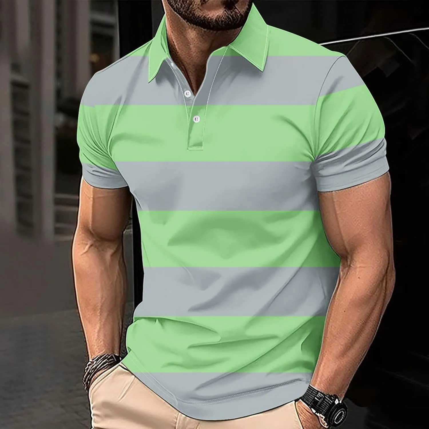 Color Block Golf Shirts for Men Short Sleeve Regular Fit Moisture Wicking Performance Casual Striped Mens Polo Shirts