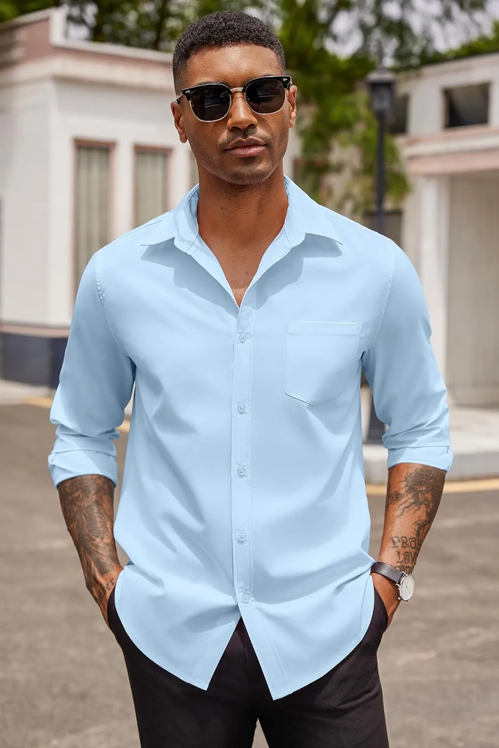 COOFANDY Men's Button Down Long Sleeve Shirt Casual Untucked Dress Shirt Regular Fit Wedding Shirts