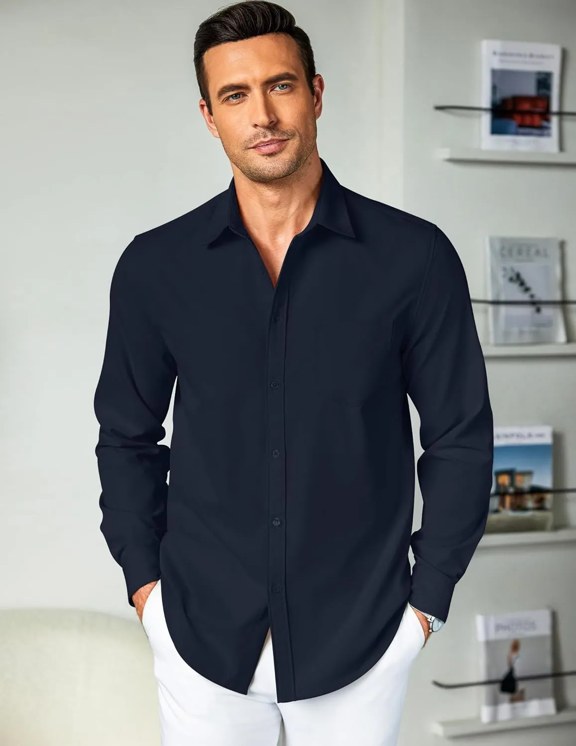 COOFANDY Men's Button Down Long Sleeve Shirt Casual Untucked Dress Shirt Regular Fit Wedding Shirts
