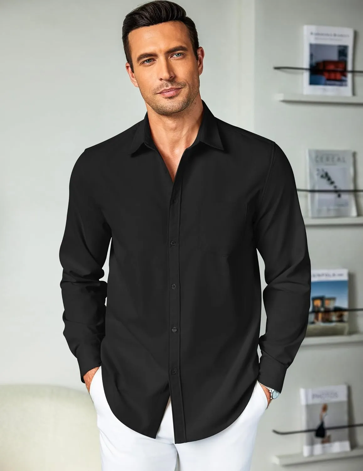COOFANDY Men's Button Down Long Sleeve Shirt Casual Untucked Dress Shirt Regular Fit Wedding Shirts