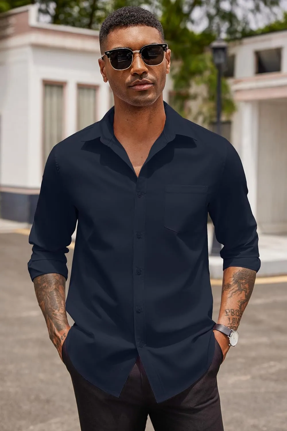 COOFANDY Men's Button Down Long Sleeve Shirt Casual Untucked Dress Shirt Regular Fit Wedding Shirts