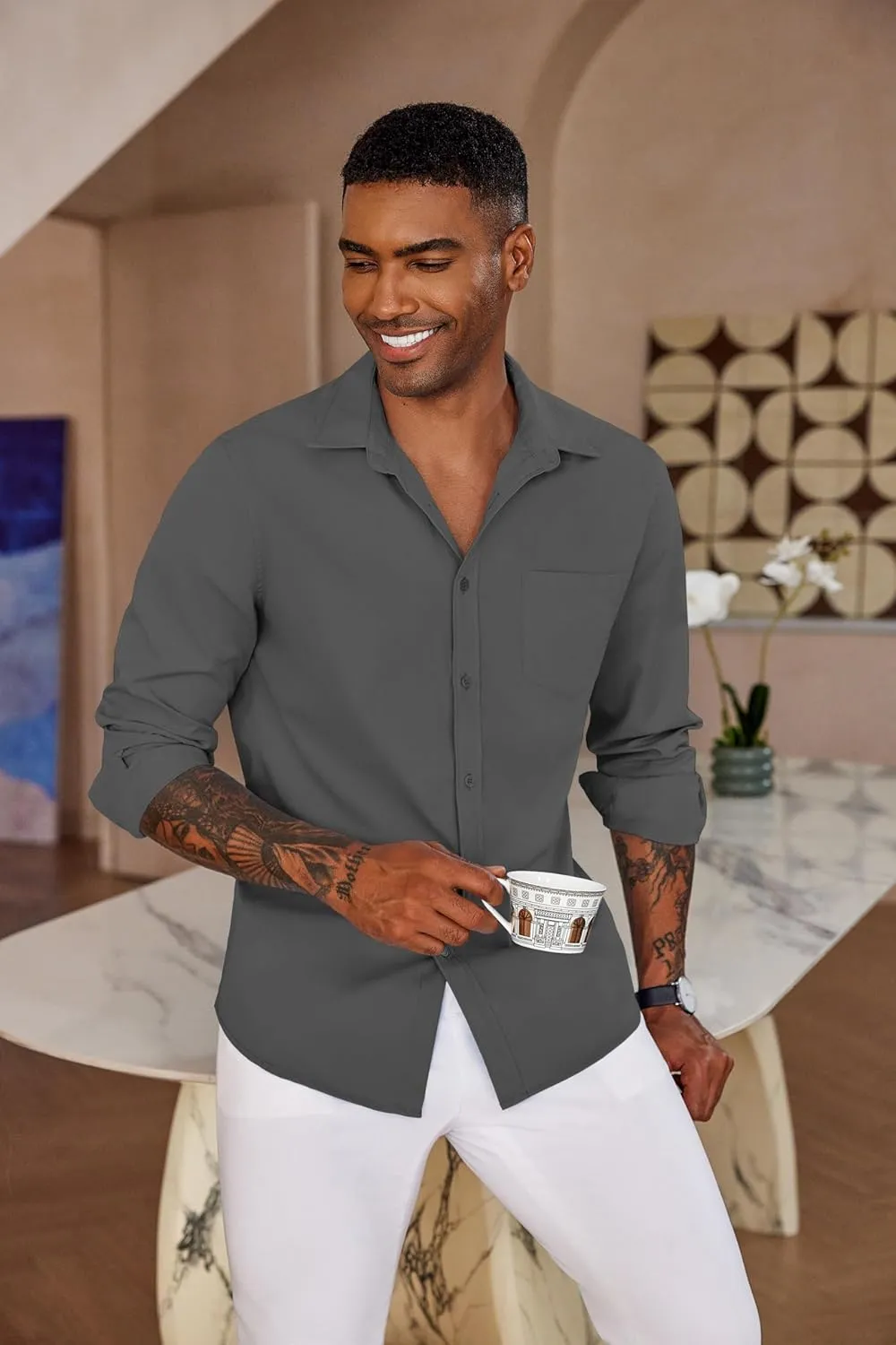 COOFANDY Men's Button Down Long Sleeve Shirt Casual Untucked Dress Shirt Regular Fit Wedding Shirts