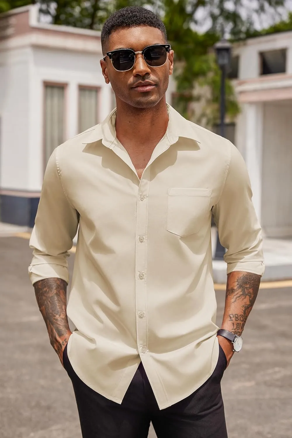COOFANDY Men's Button Down Long Sleeve Shirt Casual Untucked Dress Shirt Regular Fit Wedding Shirts