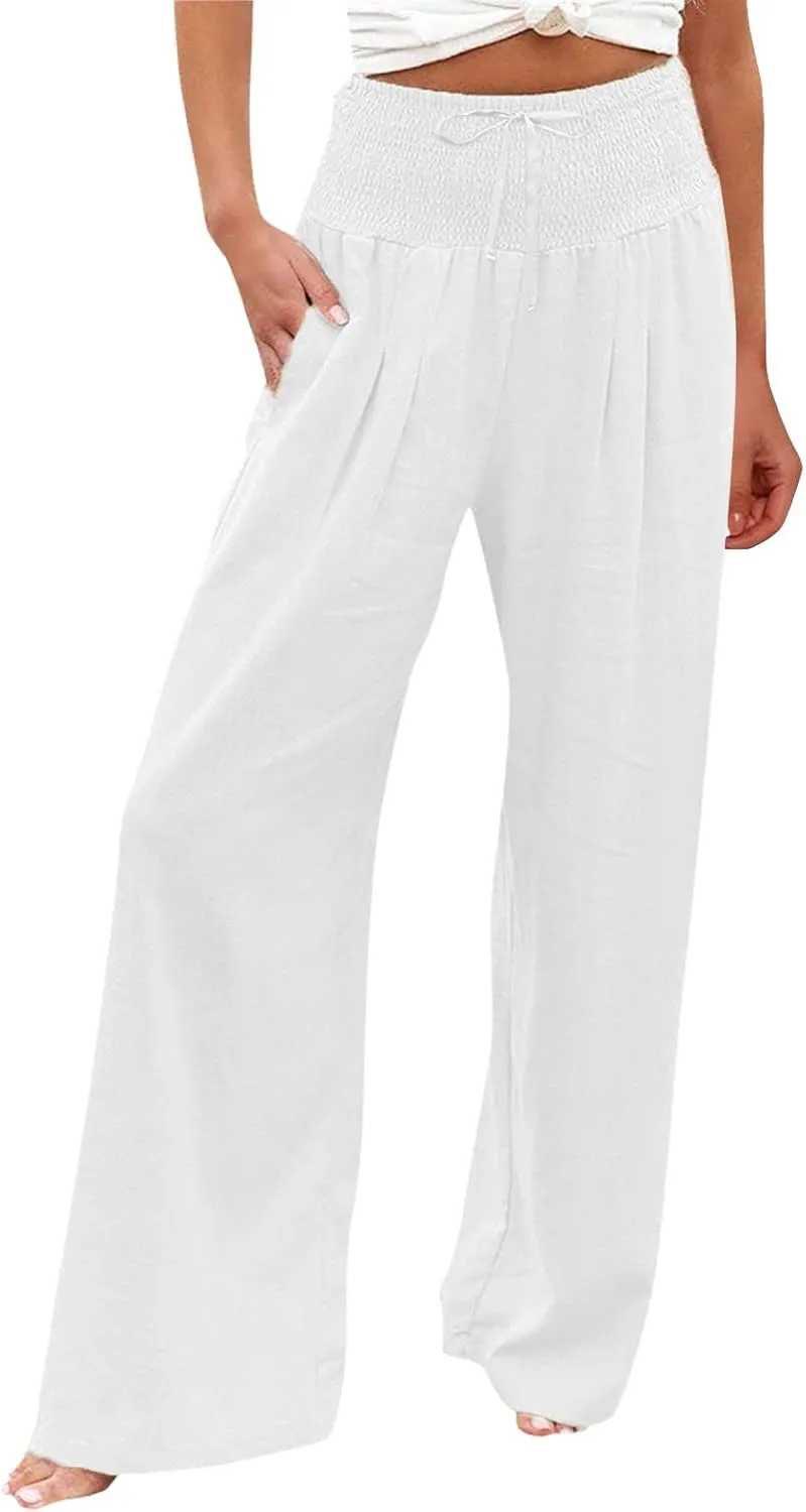 Cotton Linen Pants Women Long Wide Leg Bow Smocked Waist Baggy Pants Lightweight Trendy Beach Vacation Casual Slacks