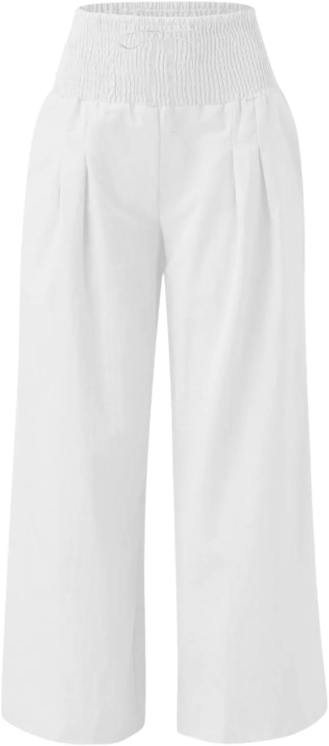 Cotton Linen Pants Women Long Wide Leg Bow Smocked Waist Baggy Pants Lightweight Trendy Beach Vacation Casual Slacks