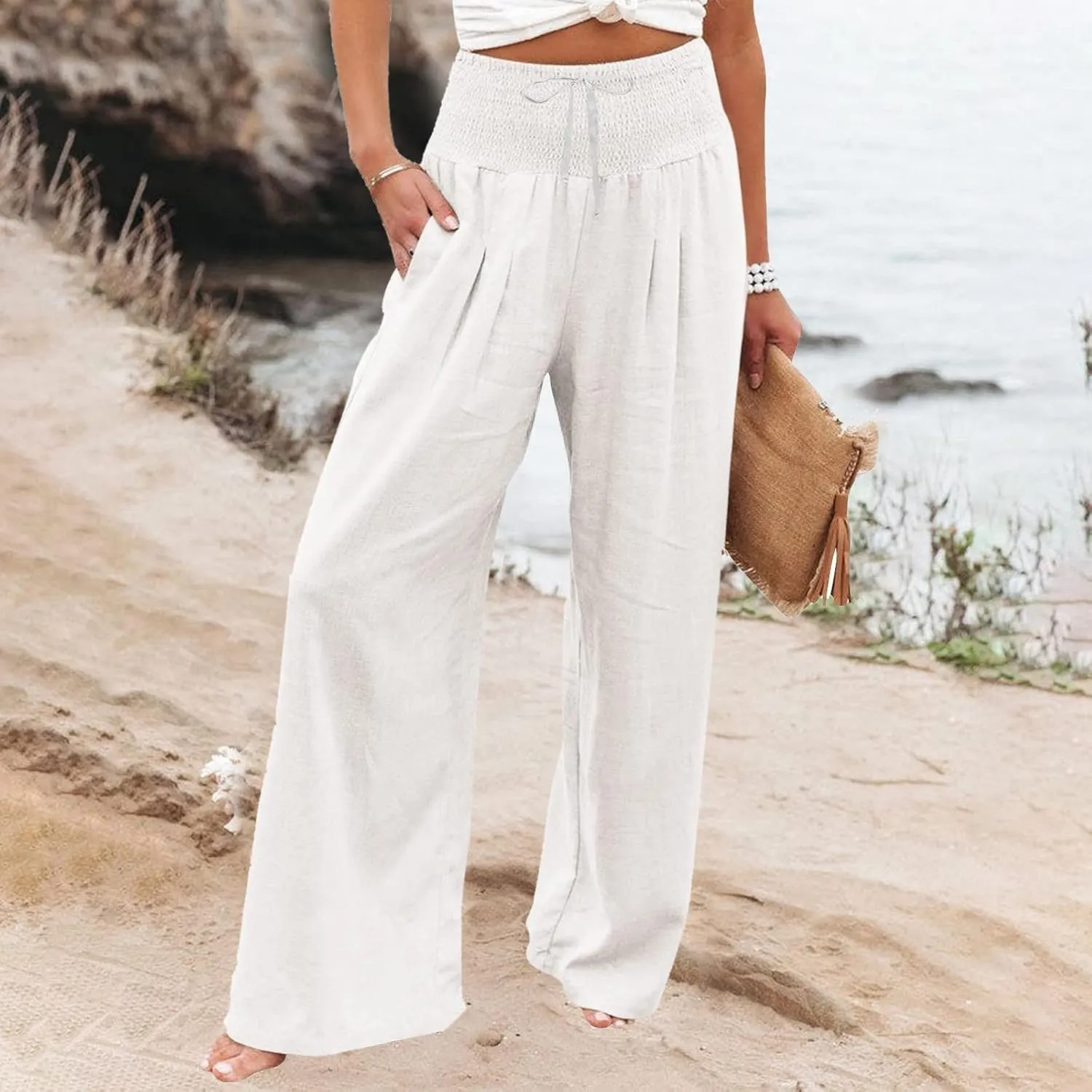 Cotton Linen Pants Women Long Wide Leg Bow Smocked Waist Baggy Pants Lightweight Trendy Beach Vacation Casual Slacks