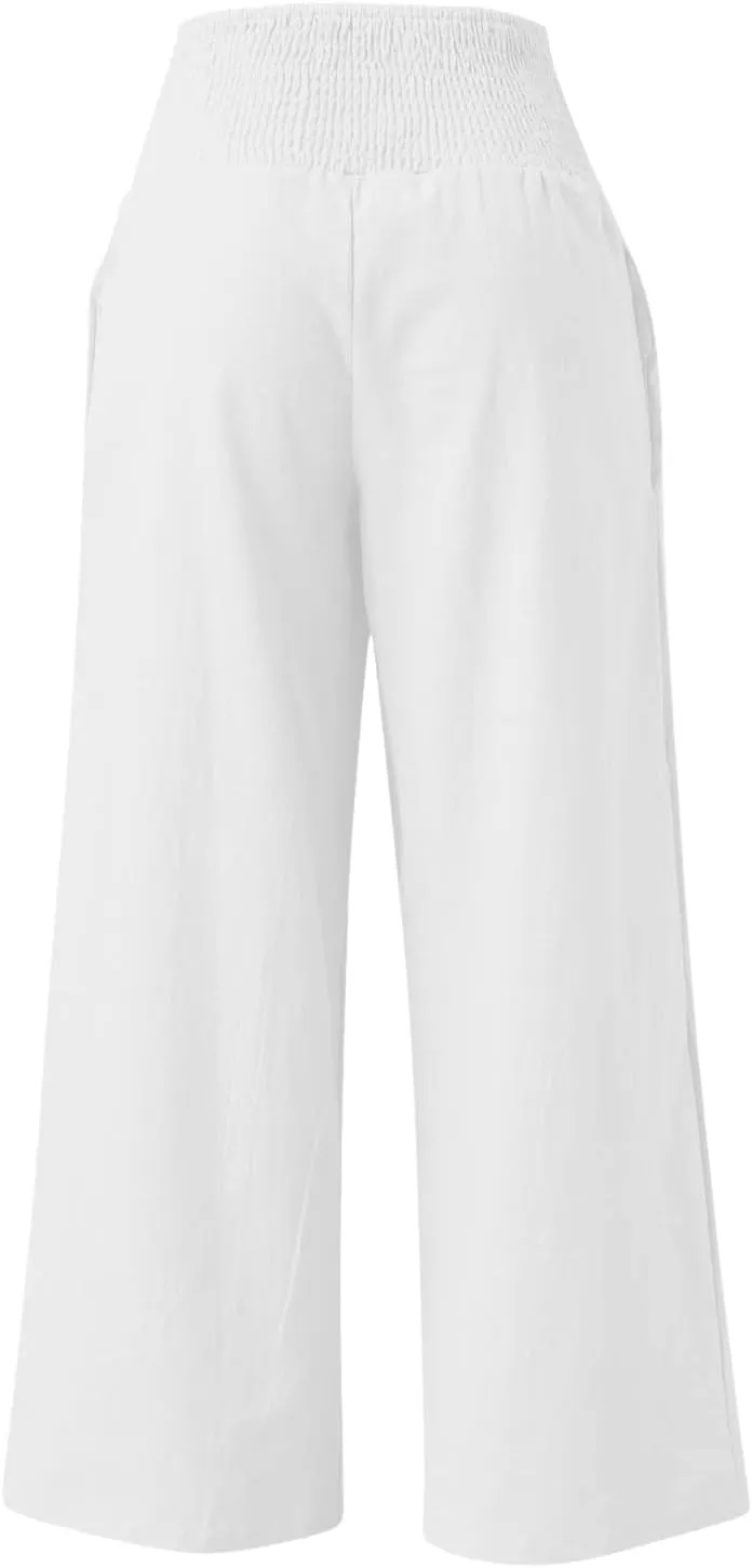 Cotton Linen Pants Women Long Wide Leg Bow Smocked Waist Baggy Pants Lightweight Trendy Beach Vacation Casual Slacks