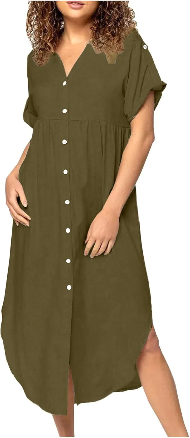 Cotton Linen Women's Short Sleeve Swing Midi Dress Flowy Crewneck Plus Size Casual Beach Vacation T-Shirt Dress