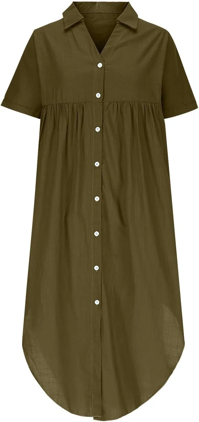 Cotton Linen Women's Short Sleeve Swing Midi Dress Flowy Crewneck Plus Size Casual Beach Vacation T-Shirt Dress