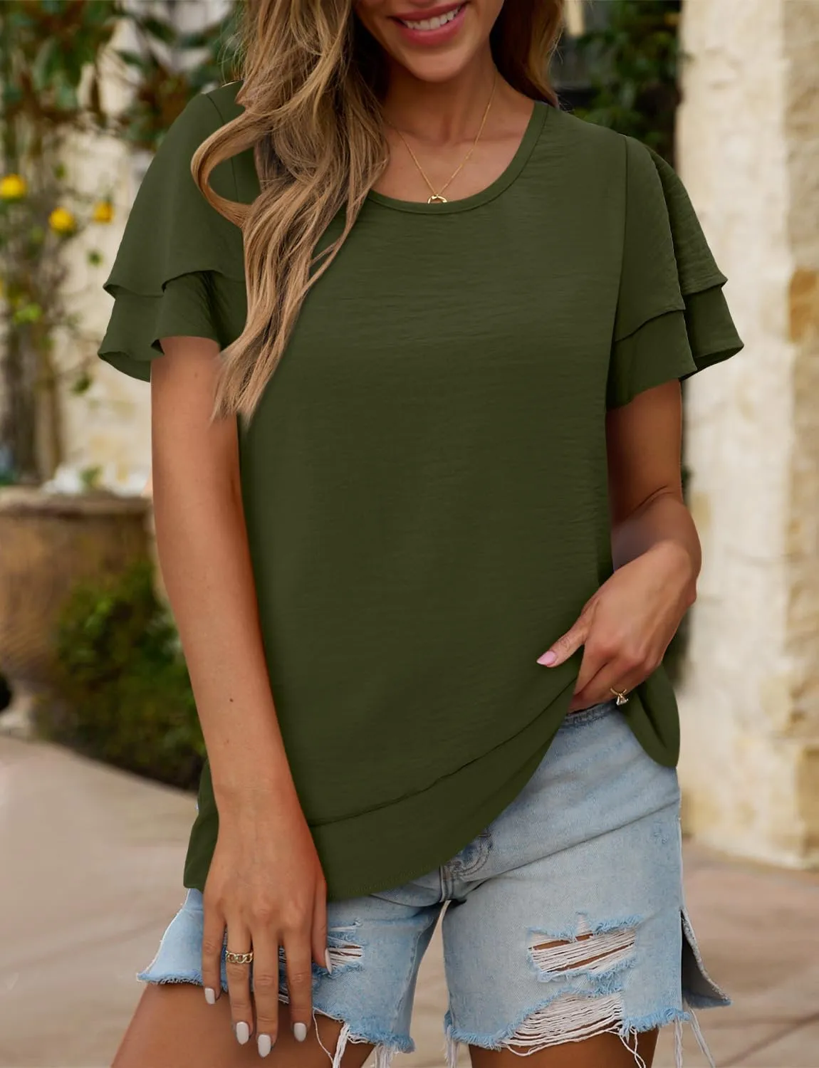 CRAZY GRID Women's Shirts Summer Casual Crewneck Ruffle Short Sleeve Blouses Cute Floral Print Tunic Tops Loose Fit Tee