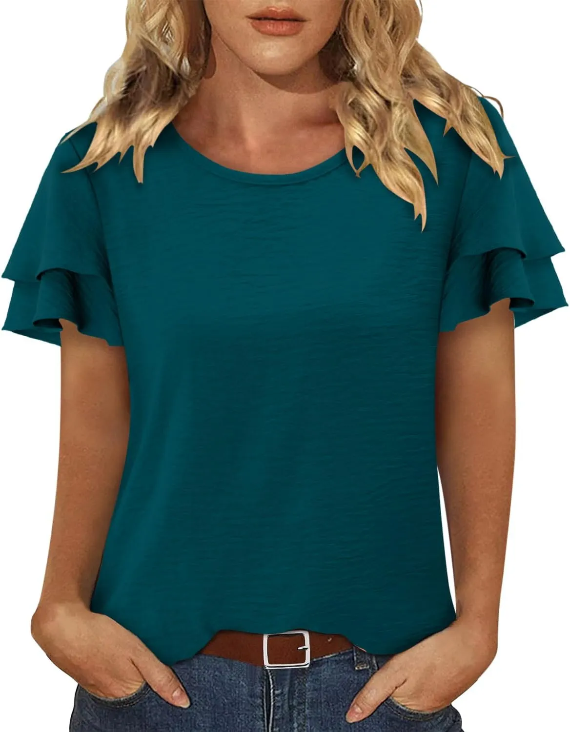 CRAZY GRID Women's Shirts Summer Casual Crewneck Ruffle Short Sleeve Blouses Cute Floral Print Tunic Tops Loose Fit Tee