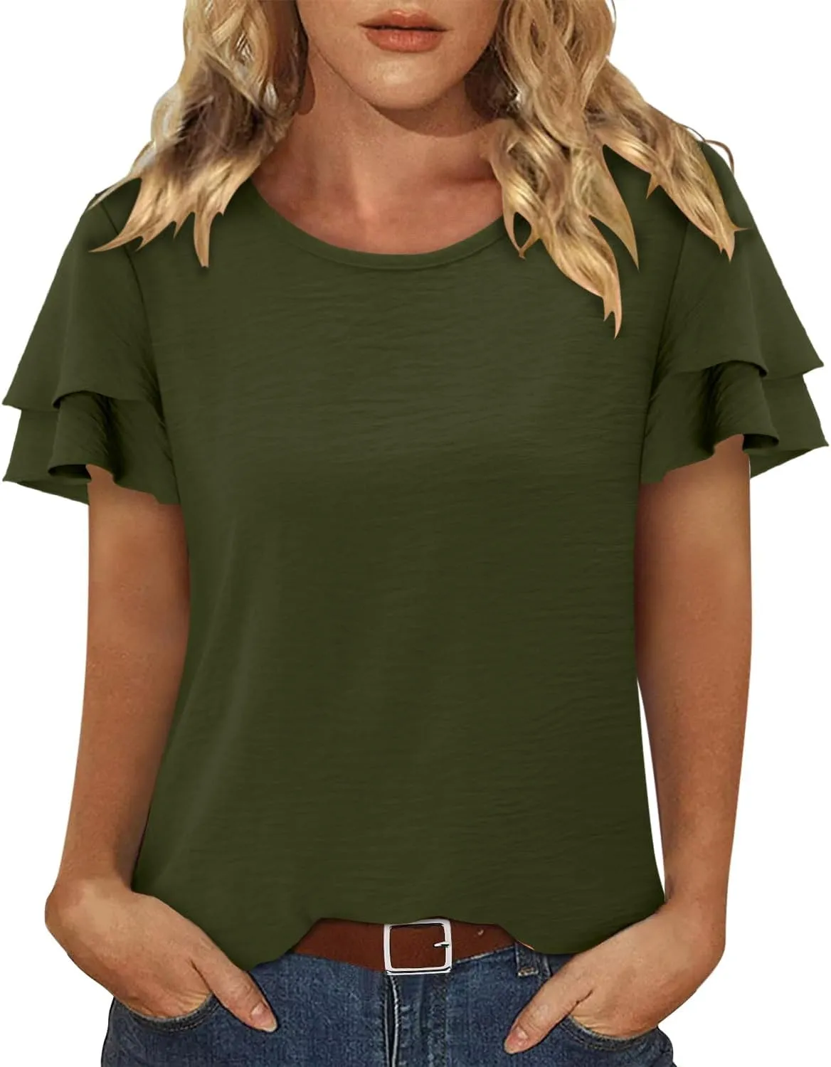 CRAZY GRID Women's Shirts Summer Casual Crewneck Ruffle Short Sleeve Blouses Cute Floral Print Tunic Tops Loose Fit Tee