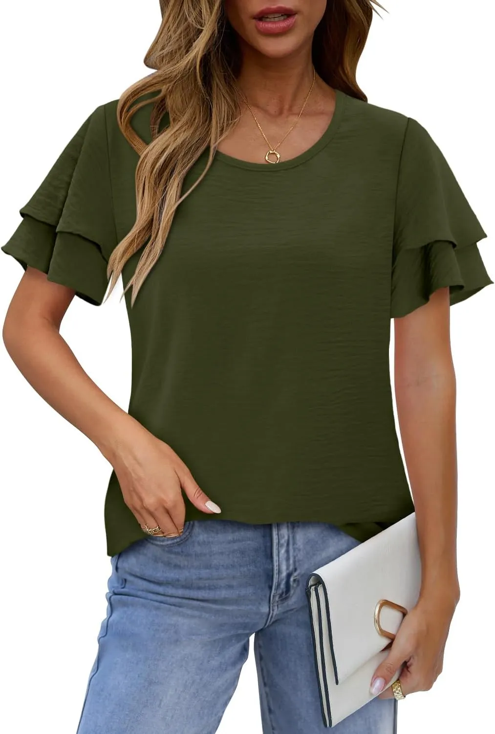 CRAZY GRID Women's Shirts Summer Casual Crewneck Ruffle Short Sleeve Blouses Cute Floral Print Tunic Tops Loose Fit Tee