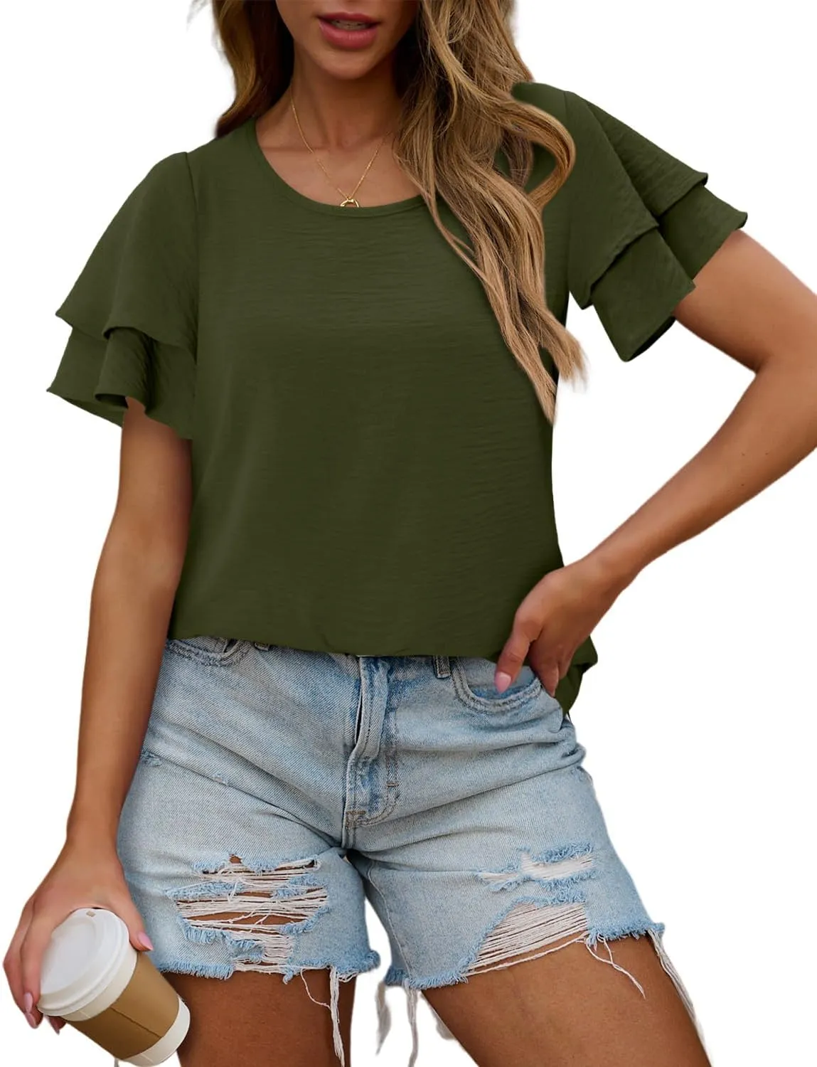 CRAZY GRID Women's Shirts Summer Casual Crewneck Ruffle Short Sleeve Blouses Cute Floral Print Tunic Tops Loose Fit Tee