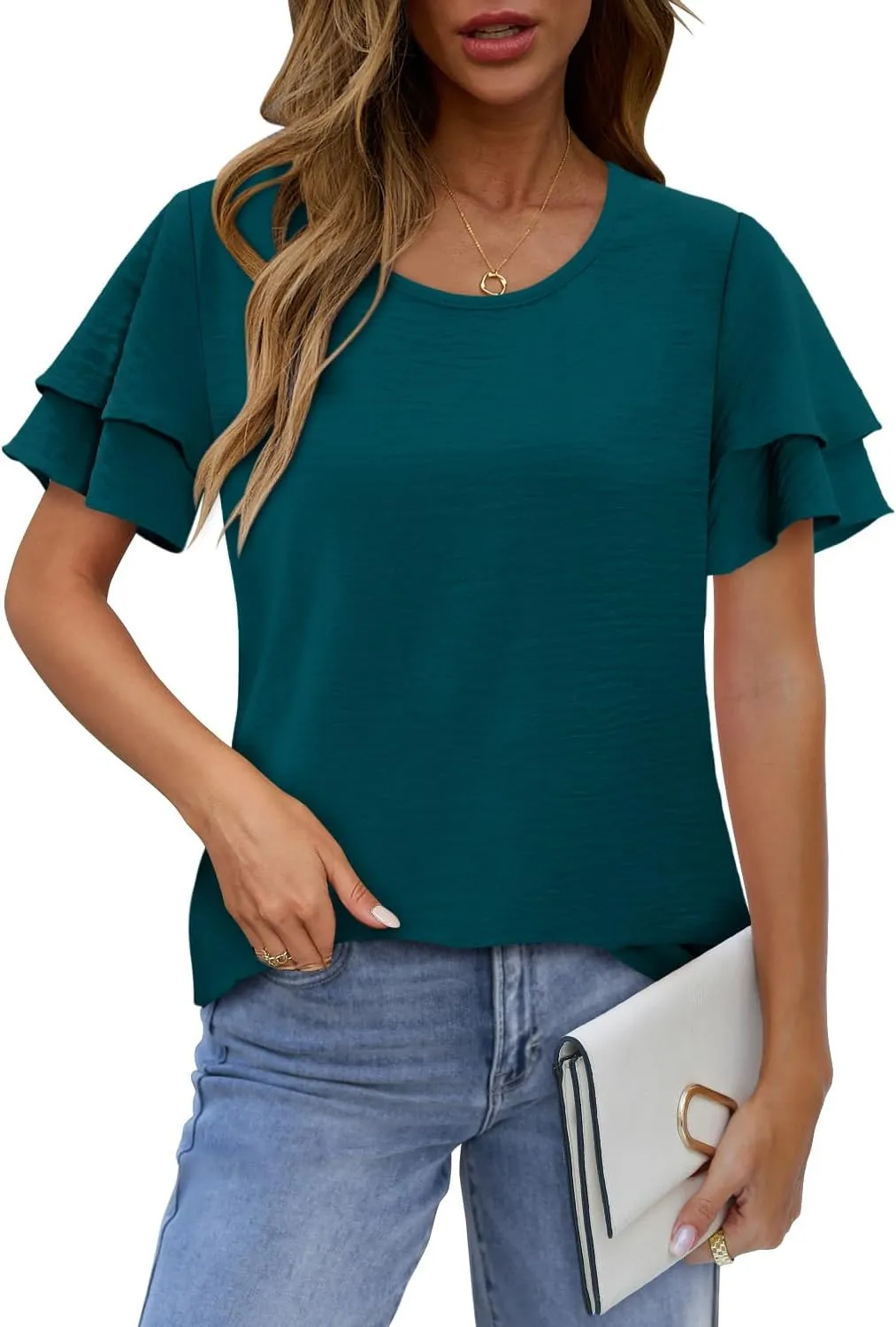 CRAZY GRID Women's Shirts Summer Casual Crewneck Ruffle Short Sleeve Blouses Cute Floral Print Tunic Tops Loose Fit Tee