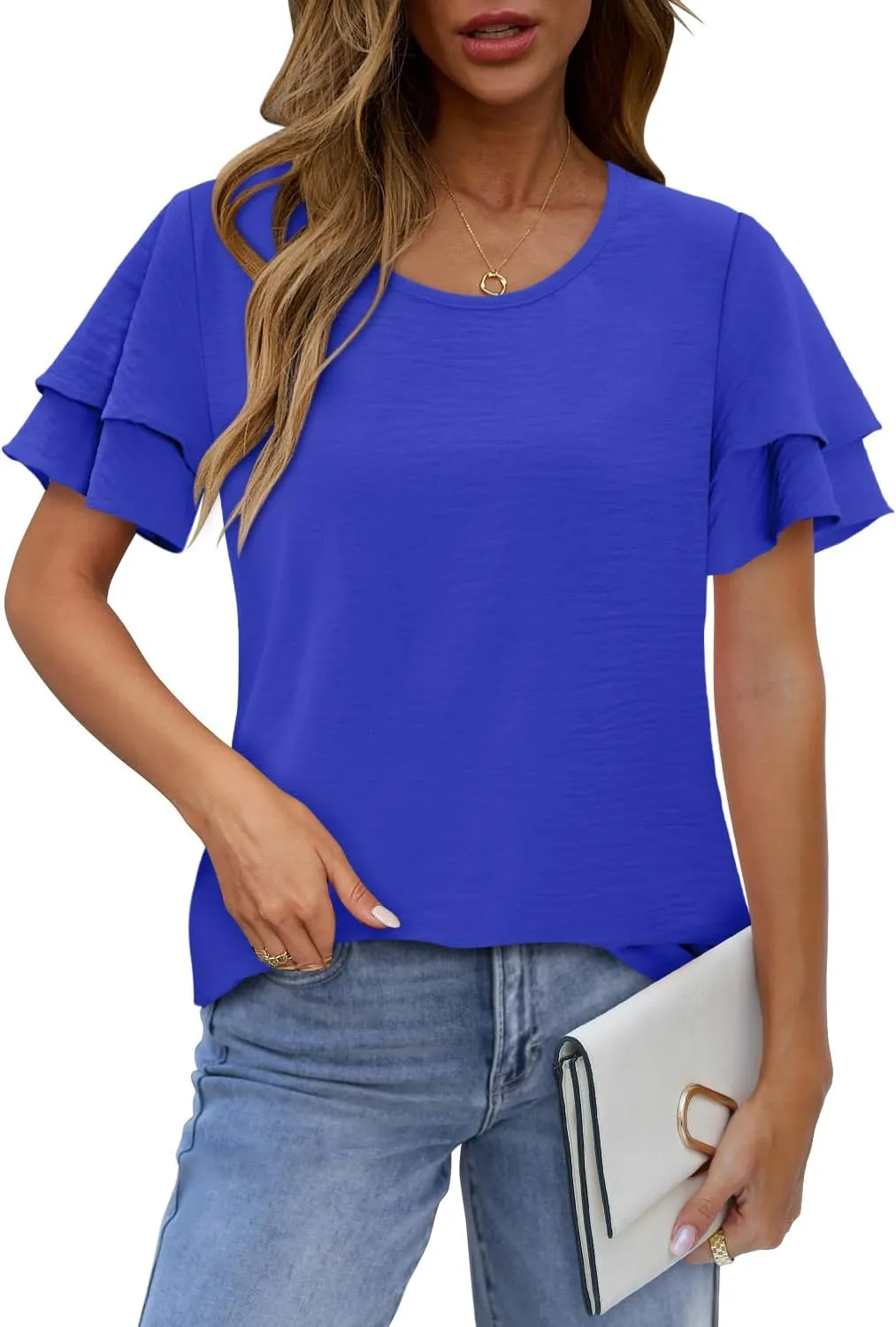CRAZY GRID Women's Shirts Summer Casual Crewneck Ruffle Short Sleeve Blouses Cute Floral Print Tunic Tops Loose Fit Tee