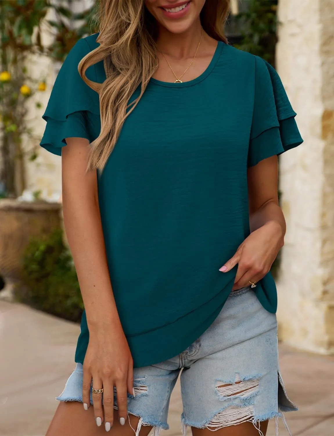 CRAZY GRID Women's Shirts Summer Casual Crewneck Ruffle Short Sleeve Blouses Cute Floral Print Tunic Tops Loose Fit Tee