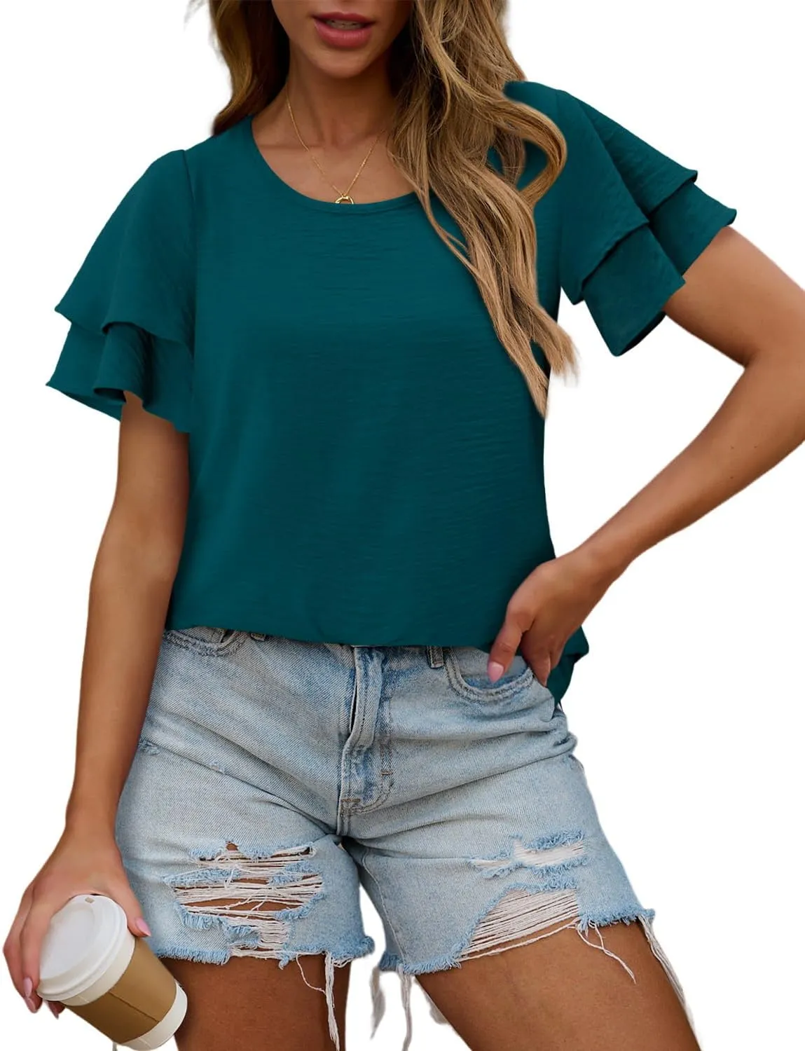 CRAZY GRID Women's Shirts Summer Casual Crewneck Ruffle Short Sleeve Blouses Cute Floral Print Tunic Tops Loose Fit Tee