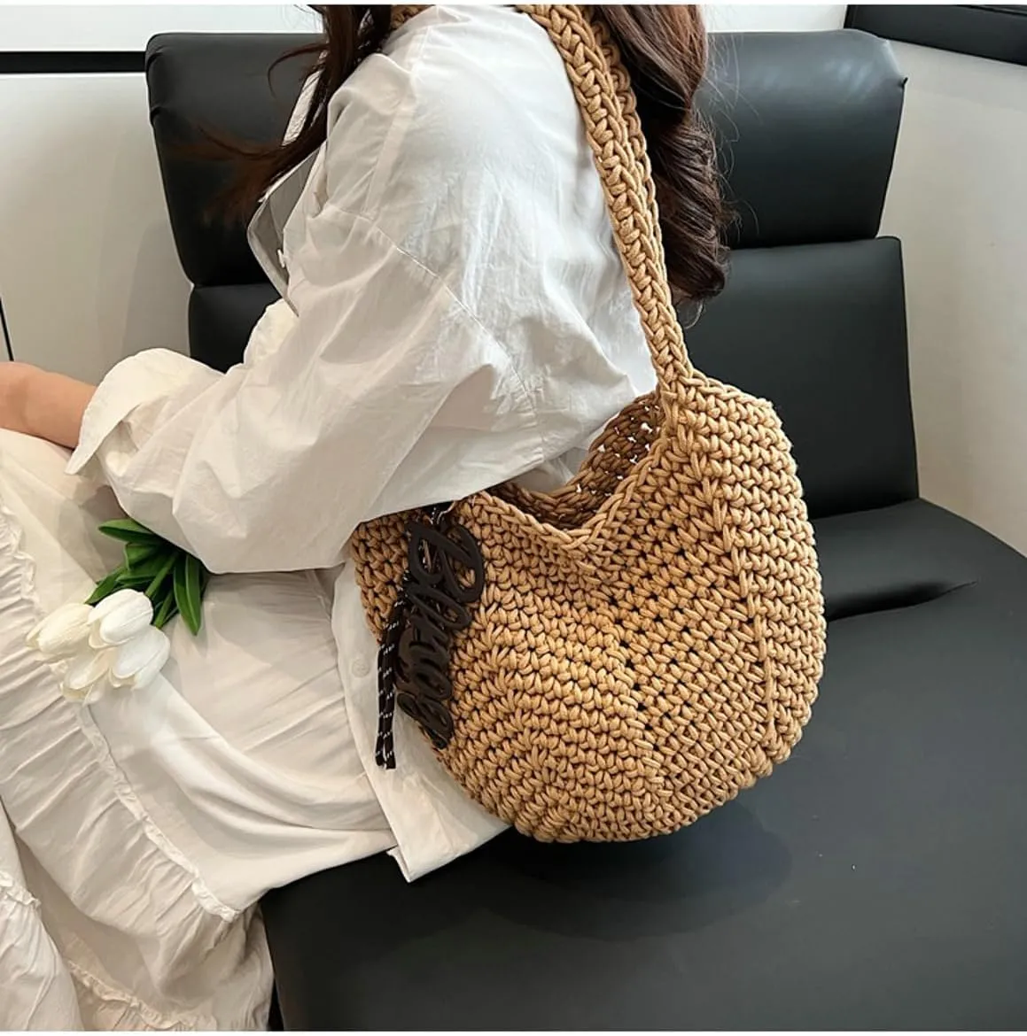 Crochet Checkered Tote Bag Women Knit Shoulder Tote Hobo Bags Drawstring Crossbody Purse Summer Beach Handbag 2025