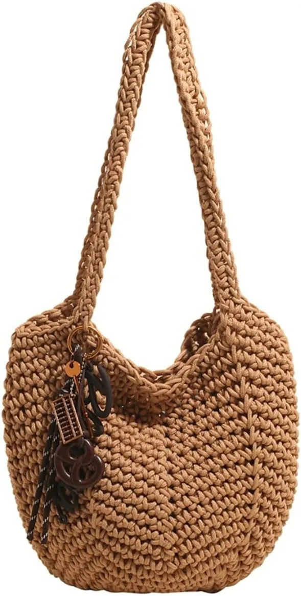Crochet Checkered Tote Bag Women Knit Shoulder Tote Hobo Bags Drawstring Crossbody Purse Summer Beach Handbag 2025