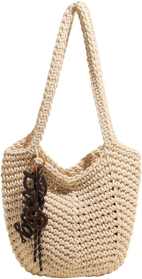 Crochet Checkered Tote Bag Women Knit Shoulder Tote Hobo Bags Drawstring Crossbody Purse Summer Beach Handbag 2025
