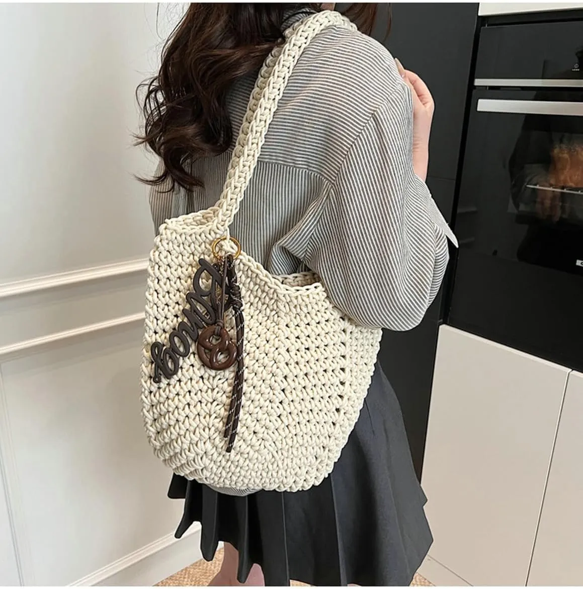 Crochet Checkered Tote Bag Women Knit Shoulder Tote Hobo Bags Drawstring Crossbody Purse Summer Beach Handbag 2025