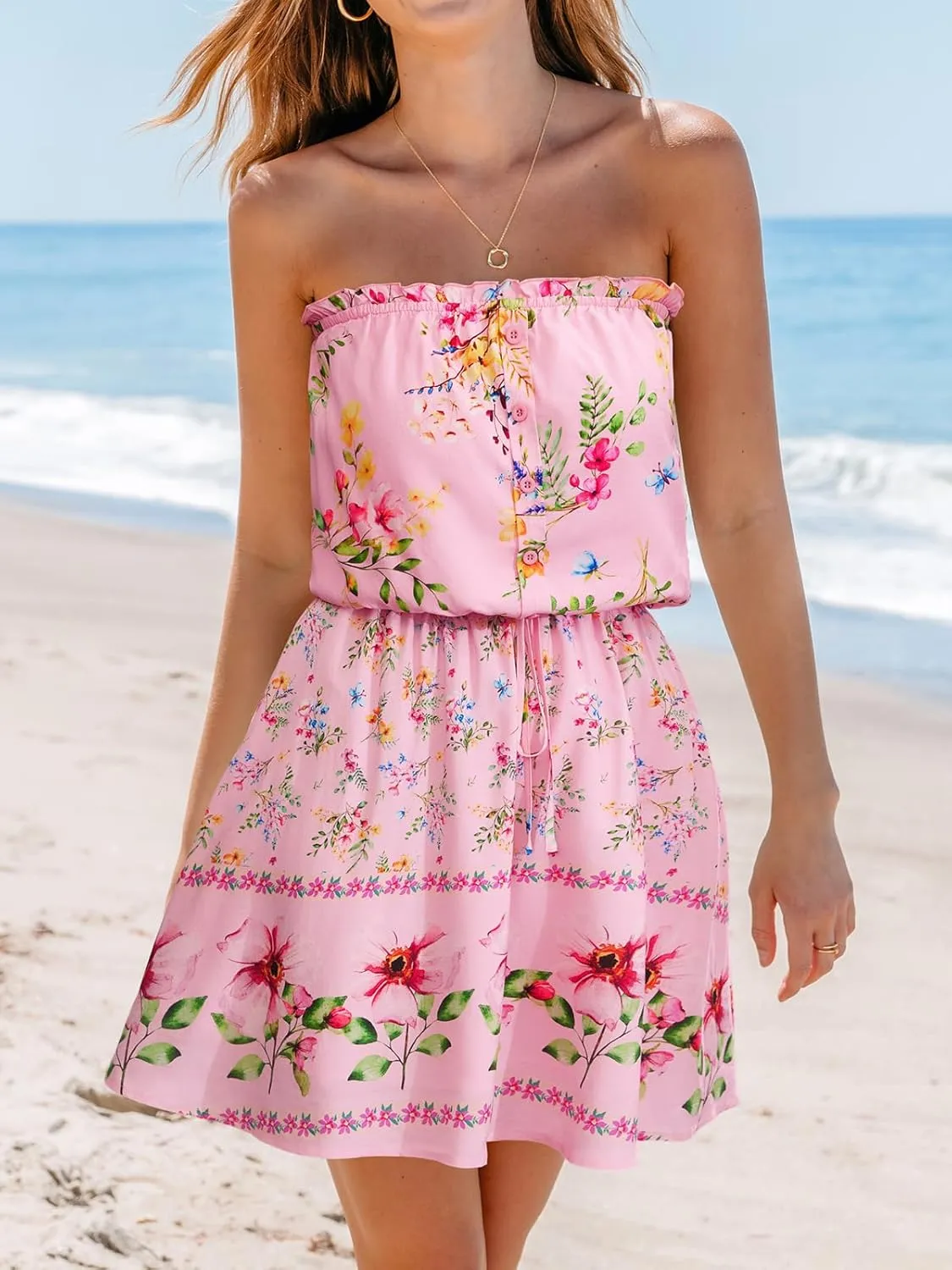 CUPSHE Women's Mini Dress Strapless Ruffled Sleeveless Floral Belted A Line Short Beach Summer Dresses 2025