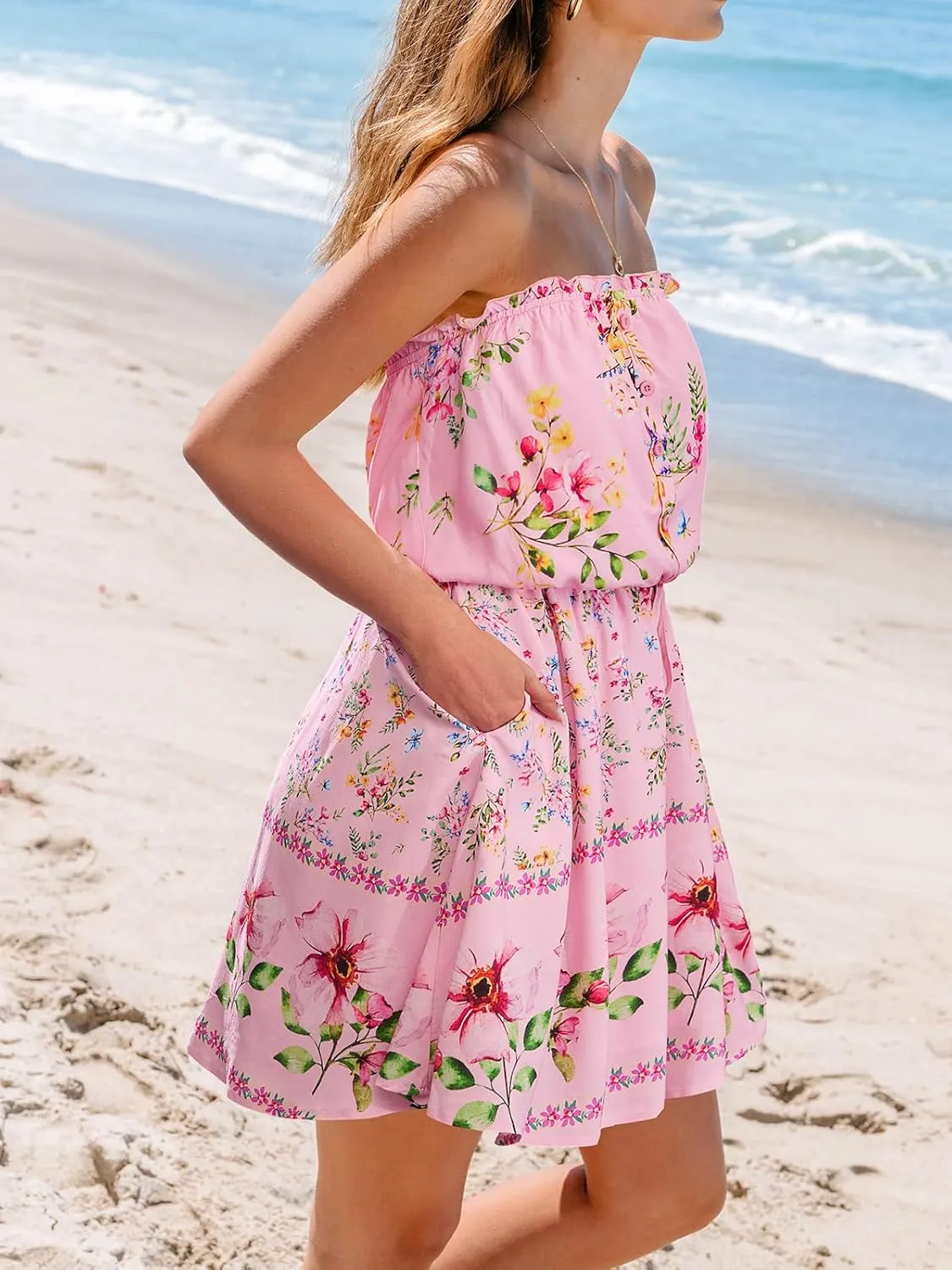 CUPSHE Women's Mini Dress Strapless Ruffled Sleeveless Floral Belted A Line Short Beach Summer Dresses 2025
