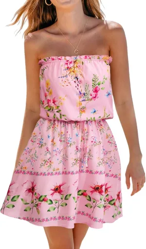 CUPSHE Women's Mini Dress Strapless Ruffled Sleeveless Floral Belted A Line Short Beach Summer Dresses 2025
