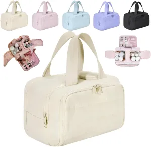 Cureaway Travel Cosmetic Bag, Cureaway Toiletry Bag, Large Capacity Wide-Open Travel Cosmetic Bags, 4-in-1 Puffy Multi-functional Toiletry for Women with Divider and Handle (Beige)