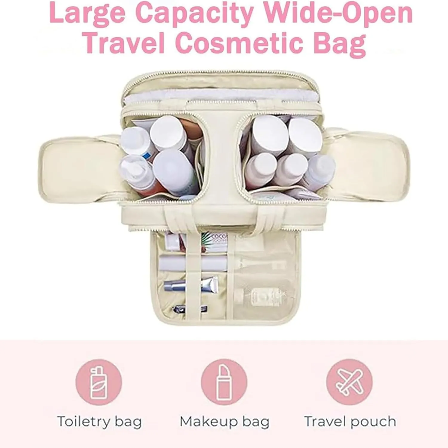 Cureaway Travel Cosmetic Bag, Cureaway Toiletry Bag, Large Capacity Wide-Open Travel Cosmetic Bags, 4-in-1 Puffy Multi-functional Toiletry for Women with Divider and Handle (Beige)