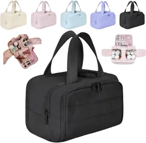 Cureaway Travel Cosmetic Bag, Cureaway Toiletry Bag, Large Capacity Wide-Open Travel Cosmetic Bags, 4-in-1 Puffy Multi-functional Toiletry for Women with Divider and Handle (Black)