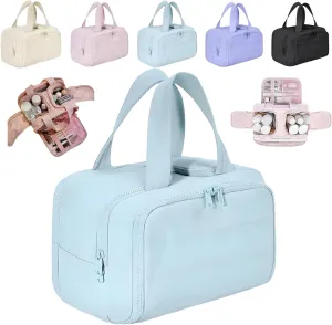 Cureaway Travel Cosmetic Bag, Cureaway Toiletry Bag, Large Capacity Wide-Open Travel Cosmetic Bags, 4-in-1 Puffy Multi-functional Toiletry for Women with Divider and Handle (Blue)