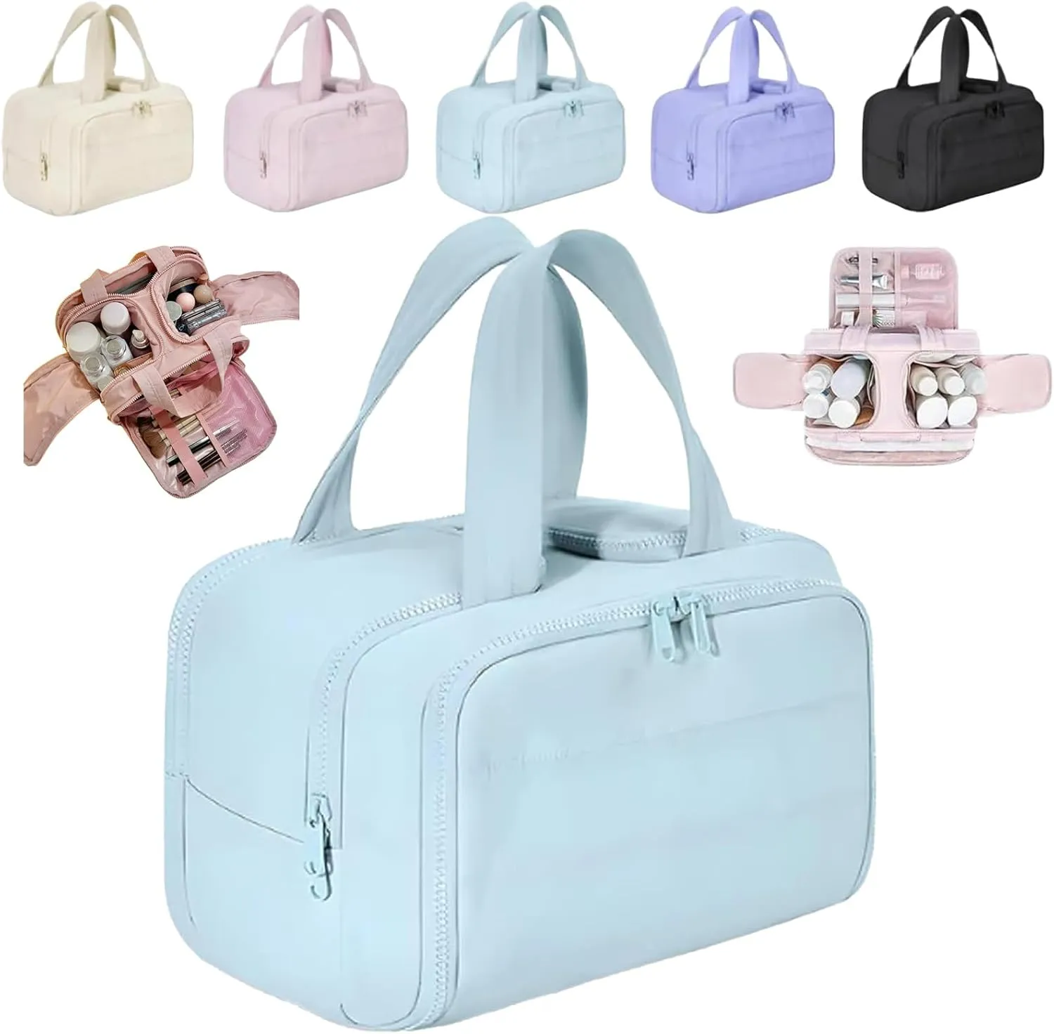 Cureaway Travel Cosmetic Bag, Cureaway Toiletry Bag, Large Capacity Wide-Open Travel Cosmetic Bags, 4-in-1 Puffy Multi-functional Toiletry for Women with Divider and Handle (Blue)
