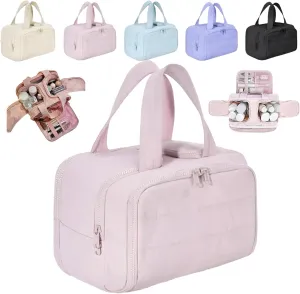 Cureaway Travel Cosmetic Bag, Cureaway Toiletry Bag, Large Capacity Wide-Open Travel Cosmetic Bags, 4-in-1 Puffy Multi-functional Toiletry for Women with Divider and Handle (Pink)