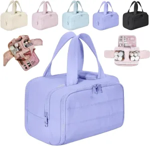 Cureaway Travel Cosmetic Bag, Cureaway Toiletry Bag, Large Capacity Wide-Open Travel Cosmetic Bags, 4-in-1 Puffy Multi-functional Toiletry for Women with Divider and Handle (Purple)