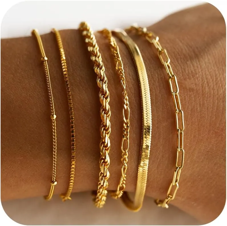DEARMAY Dainty Silver Bracelets for Women Trendy, 925 Sterling Silver Jewelry Set for Women Bracelets for Women Paperclip Box Herringbone Figaro Rope Chain Bracelet Fashion Pack Gifts for Women