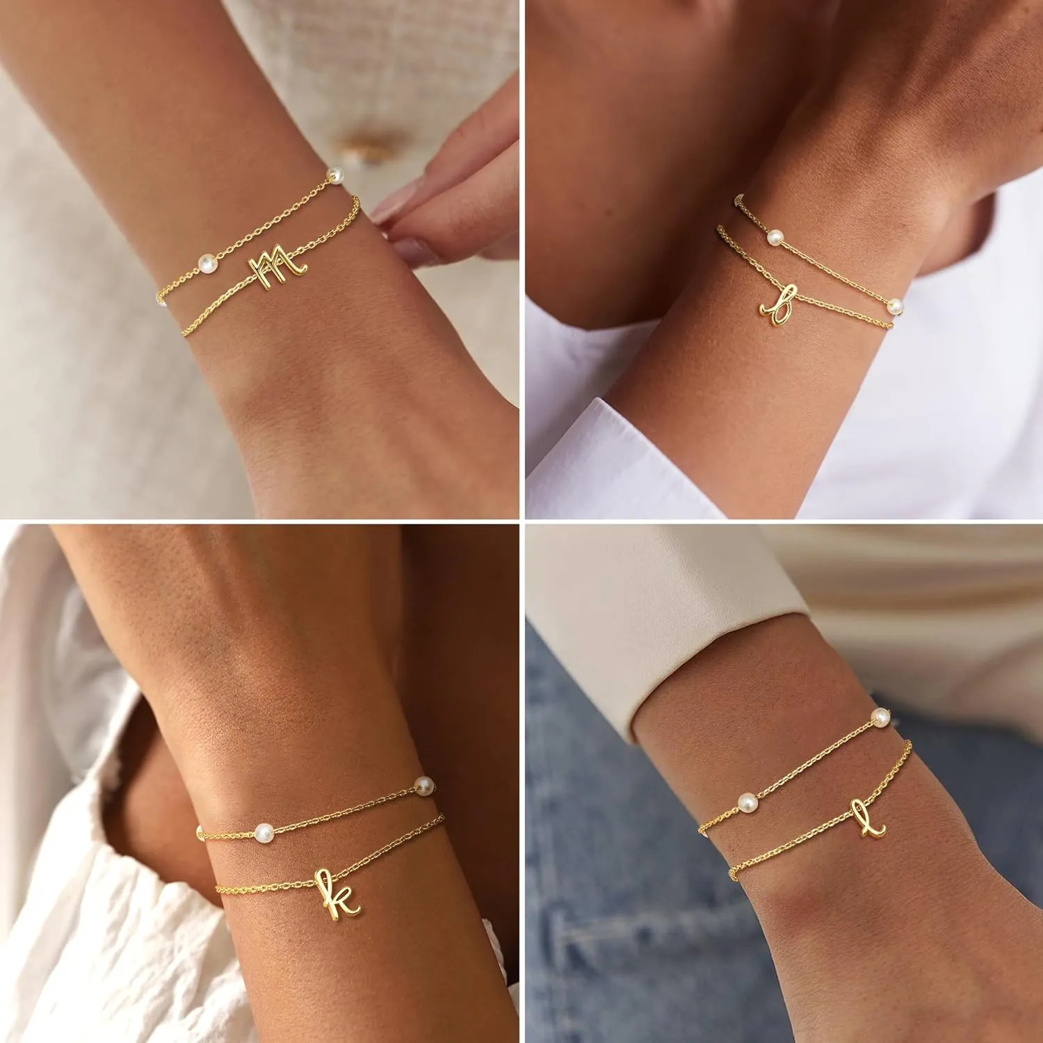 Dochais Gold Pearl Bracelets for Women Initial Bracelets 14K Gold Plated Layered Beaded Letter Initial Bracelet Dainty Pearl Bracelets for Women Trendy Gold Pearl Letter Charm Bracelet Jewelry