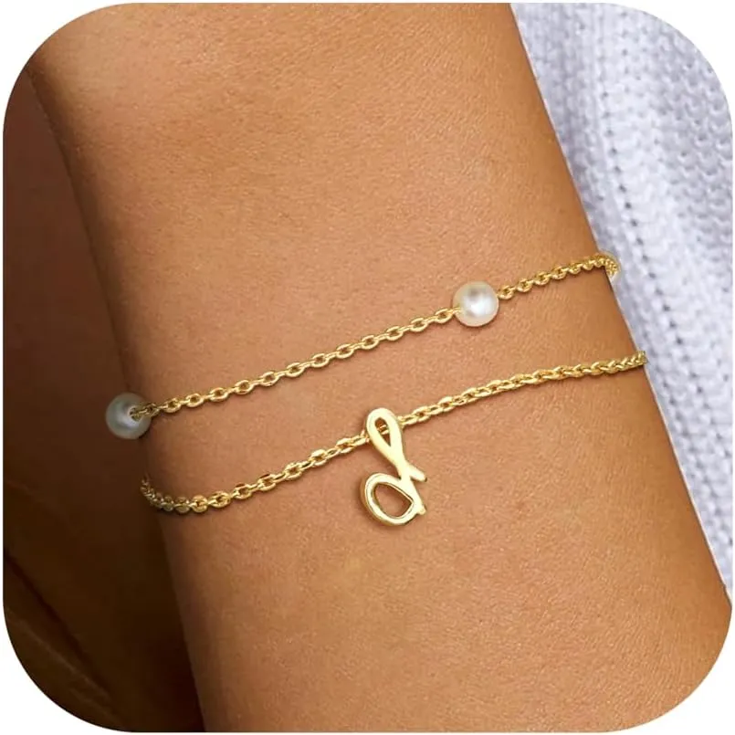 Dochais Gold Pearl Bracelets for Women Initial Bracelets 14K Gold Plated Layered Beaded Letter Initial Bracelet Dainty Pearl Bracelets for Women Trendy Gold Pearl Letter Charm Bracelet Jewelry