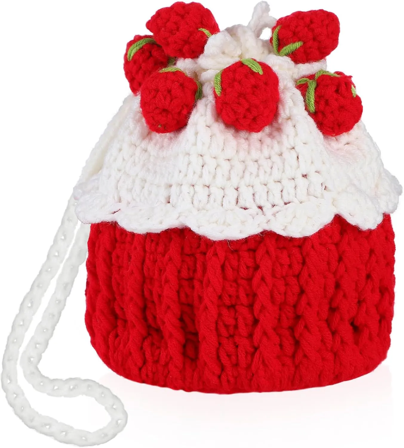 Dorable Strawberry Cake Bun Knitted Bag Drawstring Closure Crossbody Straw Purse Woven Bucket Handbag for Women