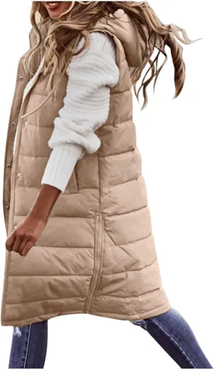 Down Vest for Women, Long Winter Coat Vest with Hood Sleeveless Warm Down Coat Quilted Down Jacket Plus Size