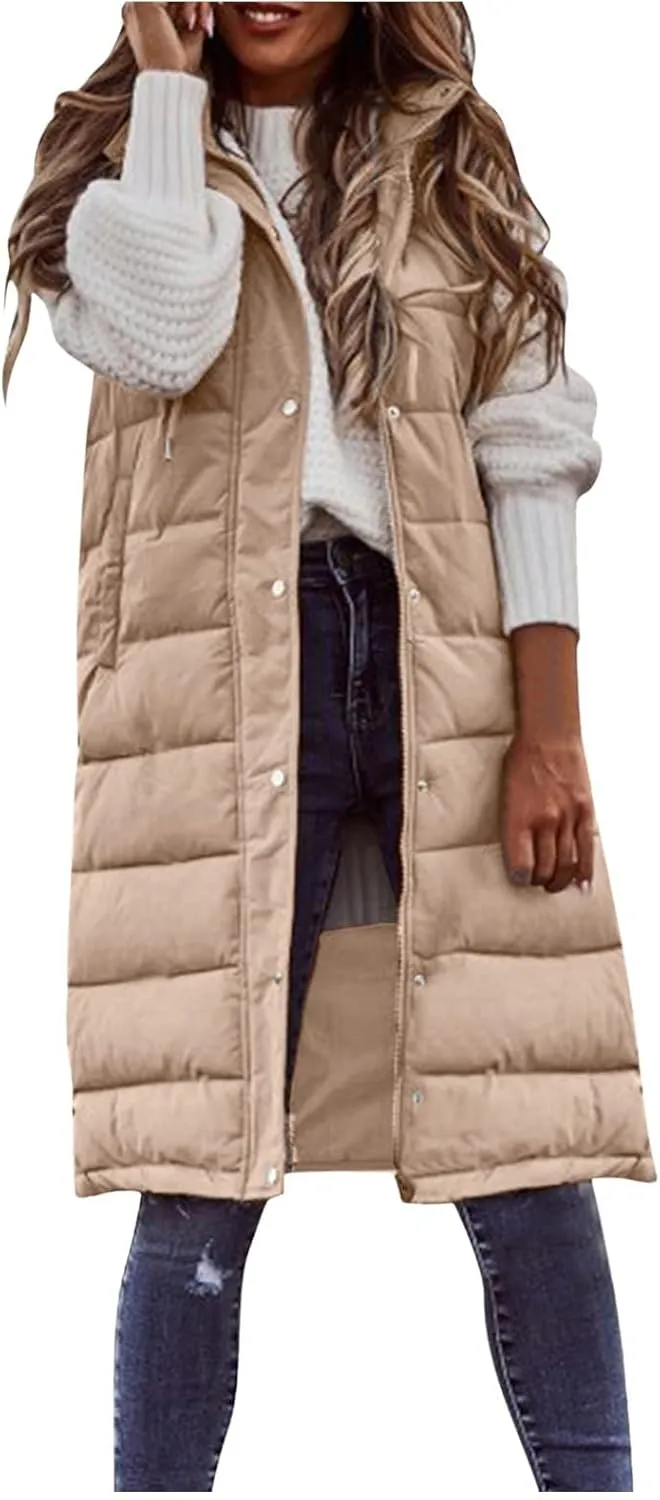 Down Vest for Women, Long Winter Coat Vest with Hood Sleeveless Warm Down Coat Quilted Down Jacket Plus Size