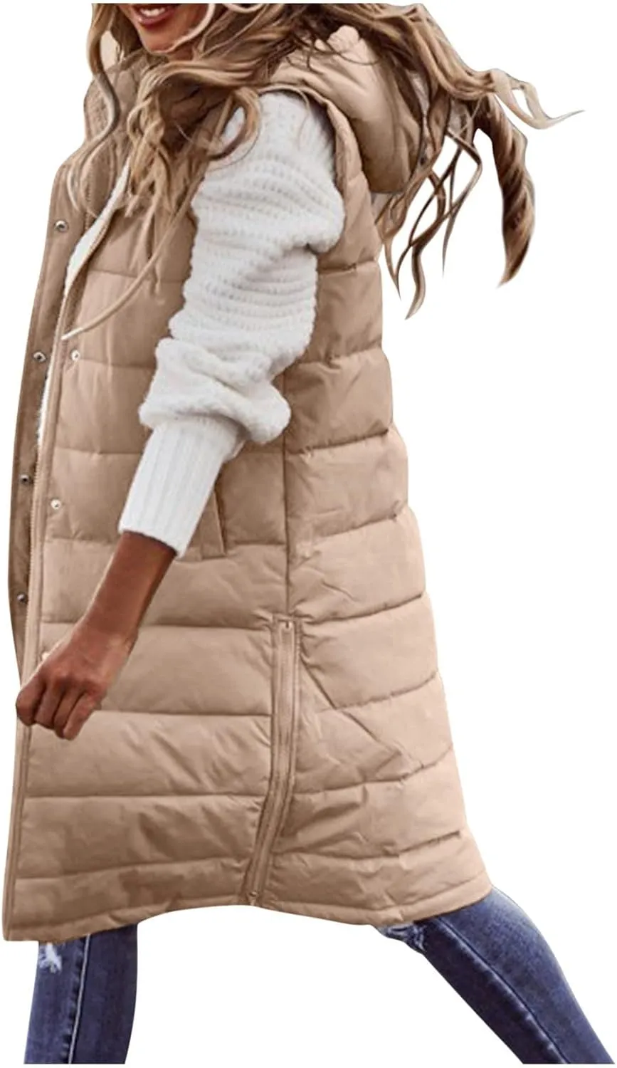 Down Vest for Women, Long Winter Coat Vest with Hood Sleeveless Warm Down Coat Quilted Down Jacket Plus Size