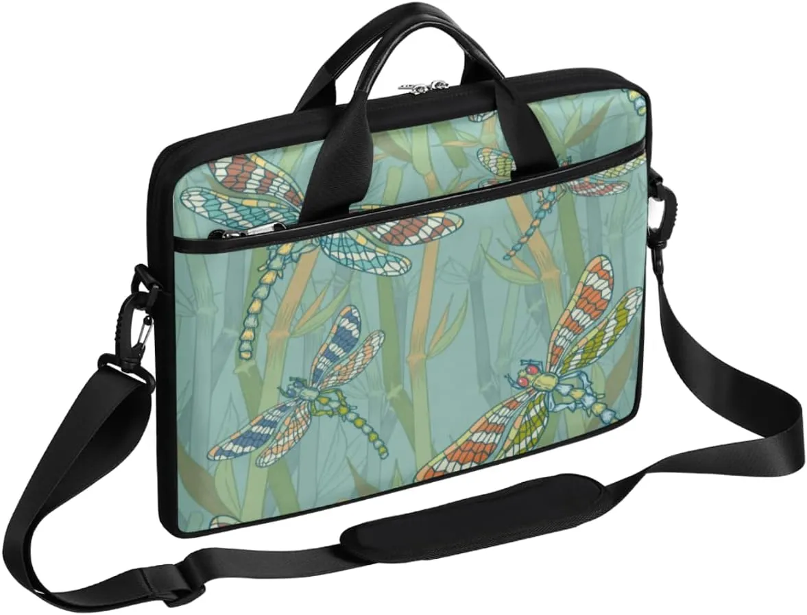 Dragonfly Bamboo Pattern Laptop Computer Bag Waterproof Shoulder Messenger Bag 13-15 inch Durable Laptop Tote Bag with Shoulder Strap Handle Lightweight Crossbody Briefcase