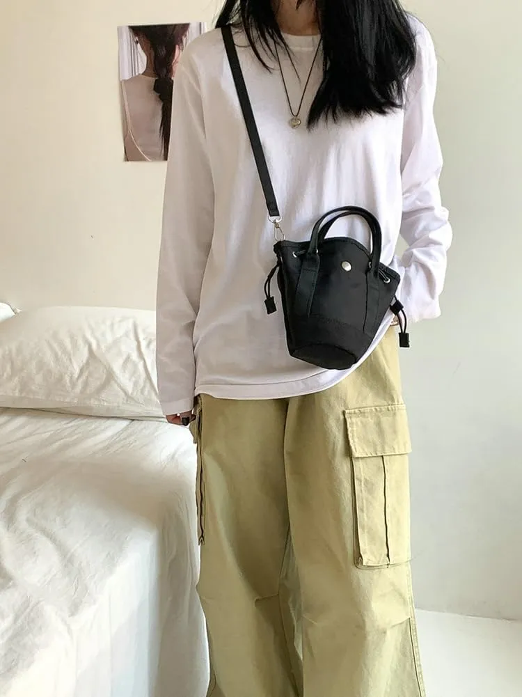 Drawstring Bucket Bag Women 2025 Spring Trendy Nylon Crossbody Bags Mini Purse Satchel Handbags Removeable Strap